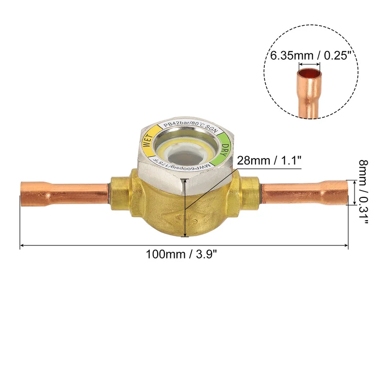 Sight Glass, 1/4 x 1/4 Sweat Universal Liquid Moisture Indicator Soldering for Air Conditioning HVAC Refrigeration