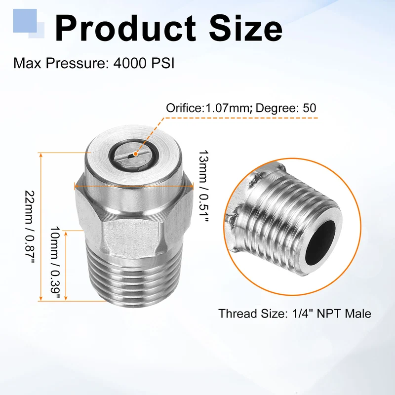 4pcs 50 Degree Surface Clean Tip 1/4 Inch NPT Male 1.07 Orifice Spray Nozzles