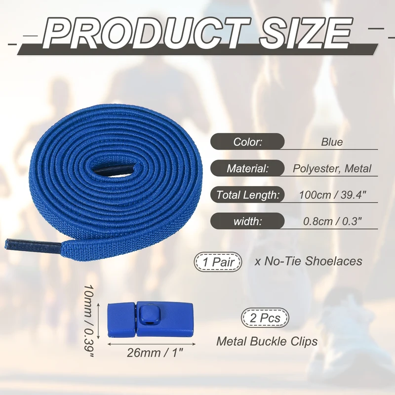 No Tie Shoelaces with 2 Metal Square Buckle Clips, 1Pair & Blue