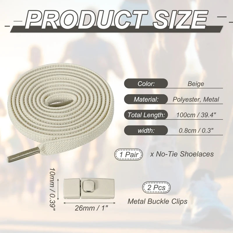 No Tie Shoelaces with 2 Metal Square Buckle Clips, 1Pair & Beige