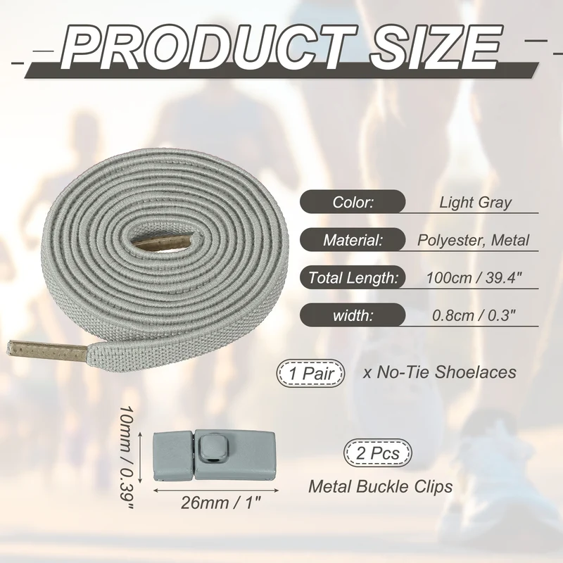 No Tie Shoelaces with 2 Metal Square Buckle Clips, 1Pair & Light Gray