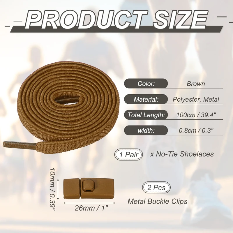 No Tie Shoelaces with 2 Metal Square Buckle Clips, 1Pair & Brown