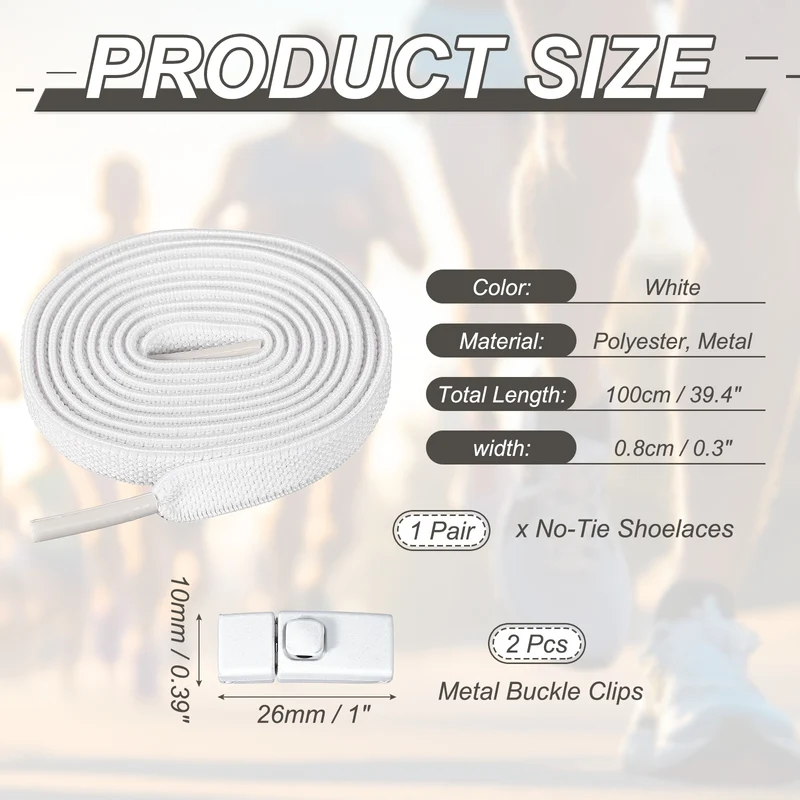 No Tie Shoelaces with 2 Metal Square Buckle Clips, 1Pair & White