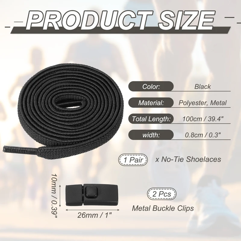 No Tie Shoelaces with 2 Metal Square Buckle Clips, 1Pair & Black