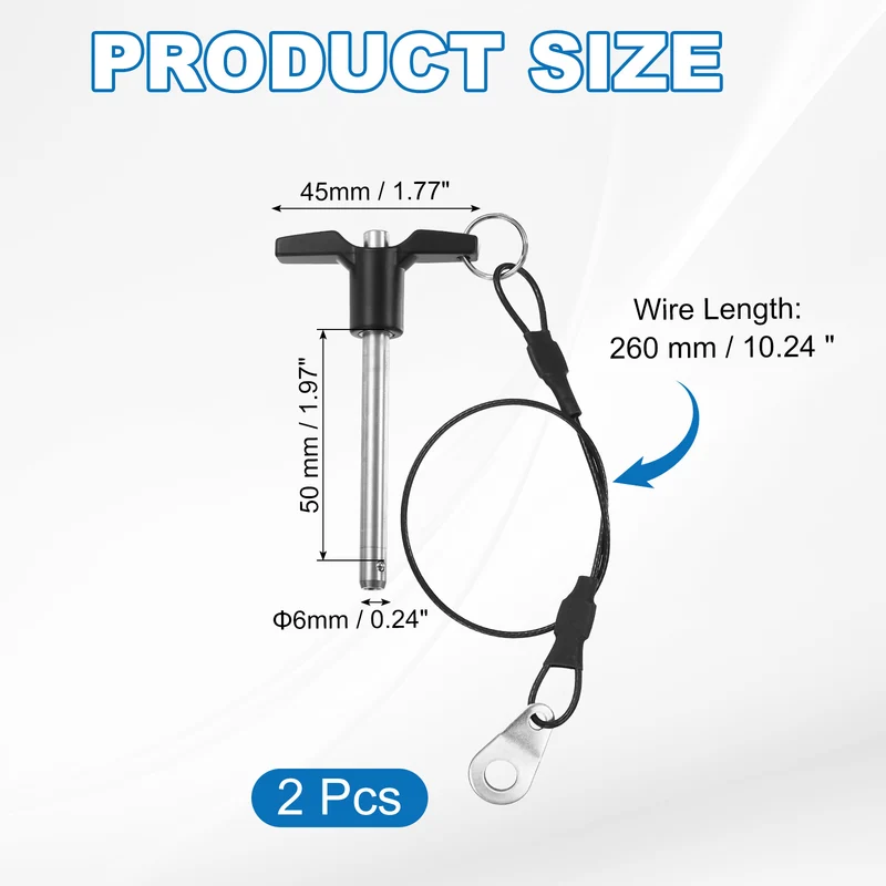 2Pcs T-Handle Quick Release Pin 1/4" x 2" (Dia x L) Stainless Steel