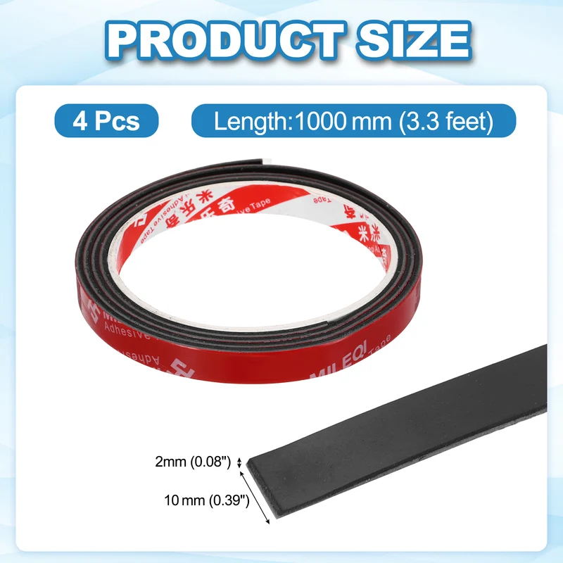 4 Pcs Solid Neoprene Rubber Strips 3/8" W x 1/16" t x 3.3ft l Black