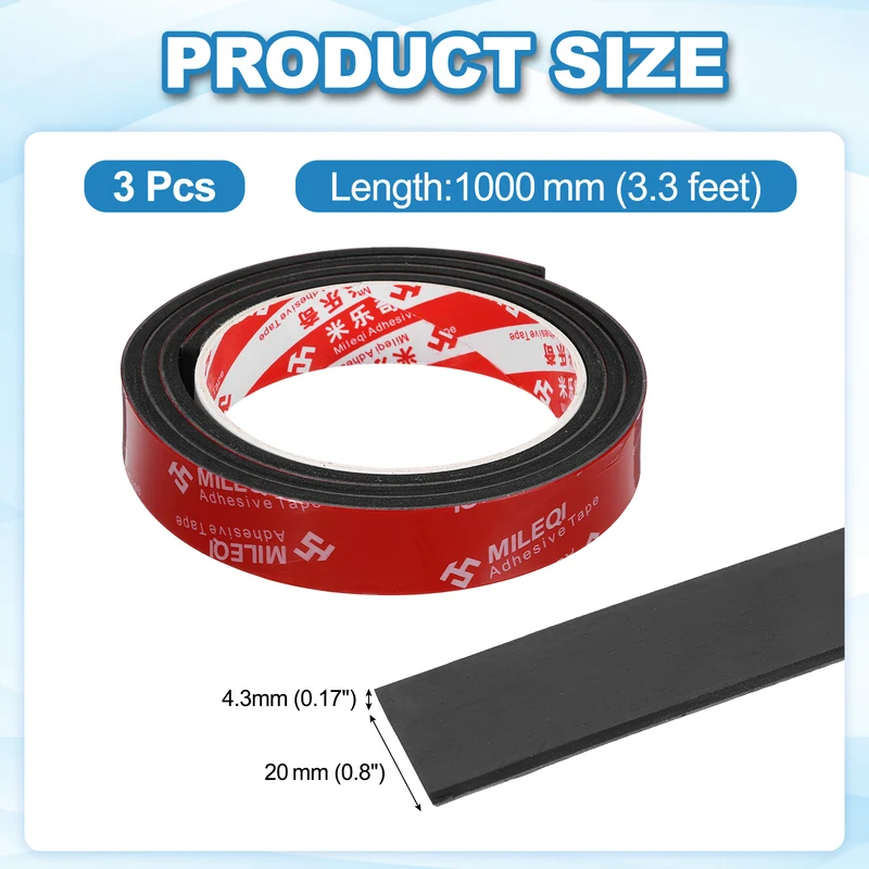 3 Pcs Solid Neoprene Rubber Strips 13/16" W x 5/32" t x 3.3ft l Black