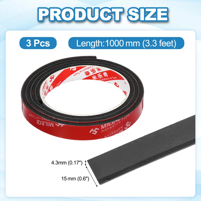 3 Pcs Solid Neoprene Rubber Strips 9/16" W x 5/32" t x 3.3ft l Black