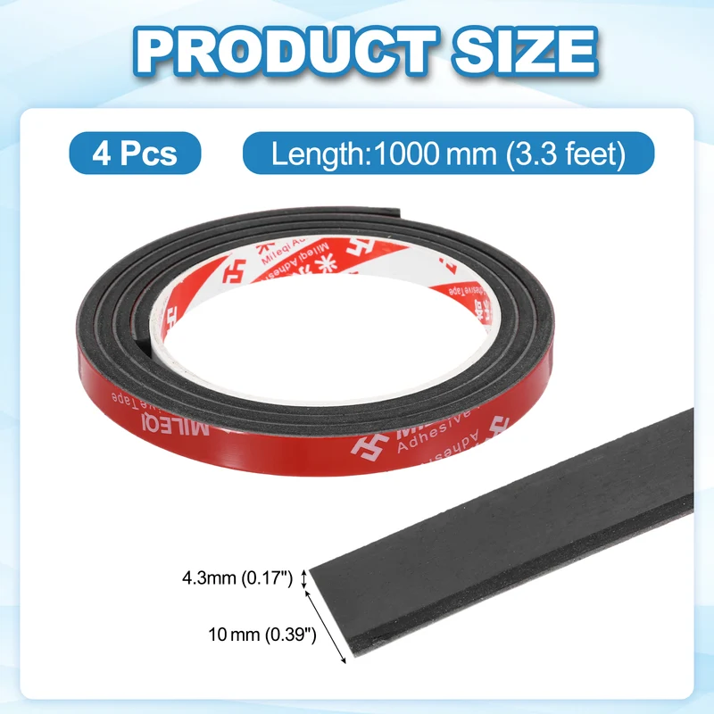 4 Pcs Solid Neoprene Rubber Strips 3/8" W x 5/32" t x 3.3ft l Black