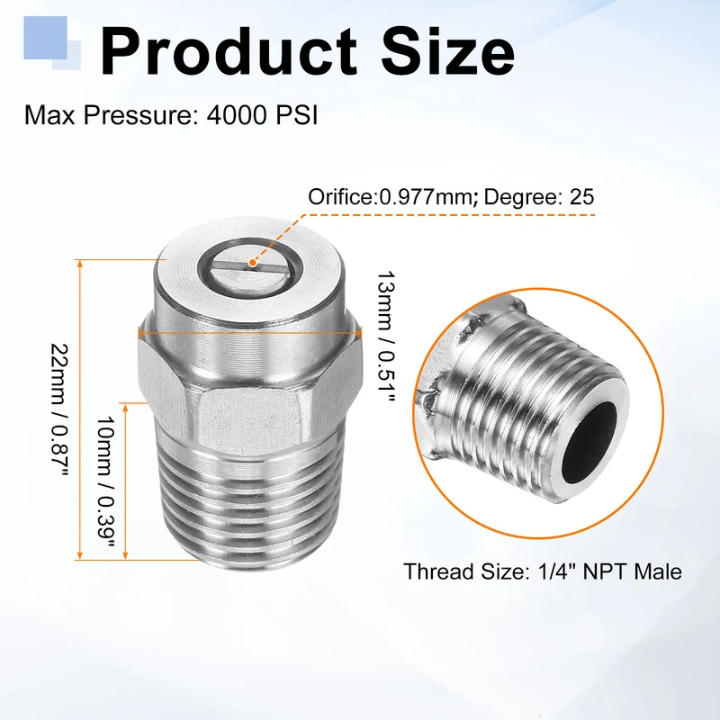4pcs 25 Degree Surface Clean Tip 1/4 Inch NPT Male 0.977 Orifice Spray Nozzles