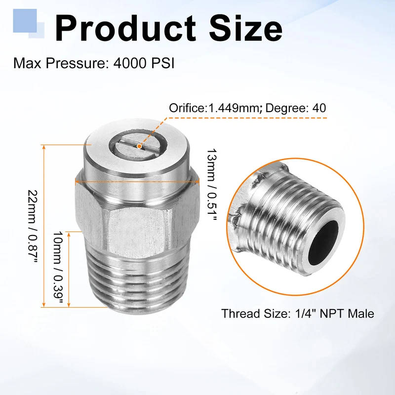 4pcs 40 Degree Surface Clean Tip 1/4 Inch NPT Male 1.449 Orifice Spray Nozzles