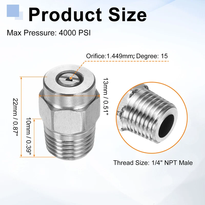 4pcs 15 Degree Surface Clean Tip 1/4 Inch NPT Male 1.449 Orifice Spray Nozzles