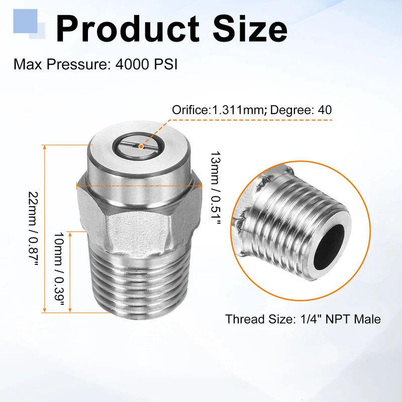 4pcs 40 Degree Surface Clean Tip 1/4 Inch NPT Male 1.311 Orifice Spray Nozzles