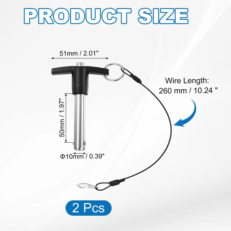 2Pcs T-Handle Quick Release Pin 3/8" x 2" (Dia x L) 304 Stainless Steel