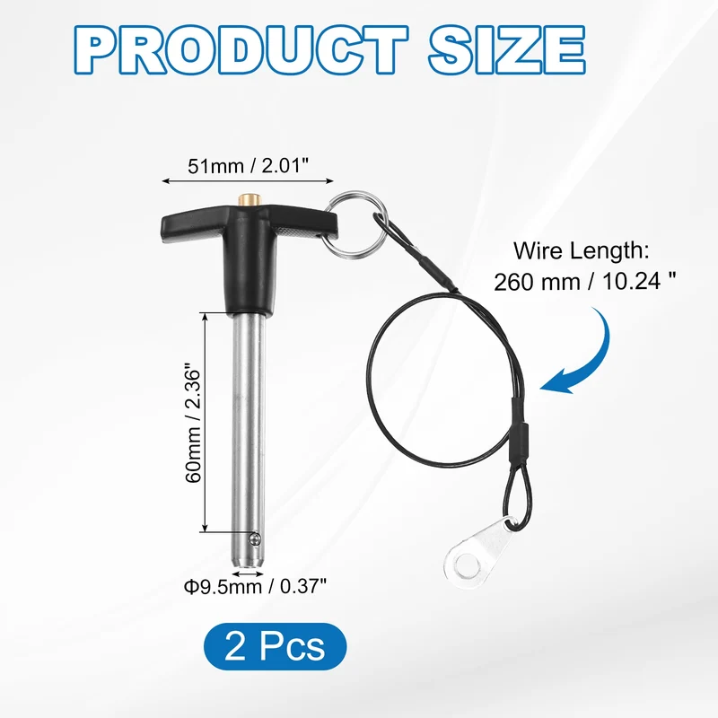 2Pcs T-Handle Quick Release Pin 3/8" x 2-3/8" (Dia x L) 304 Stainless Steel