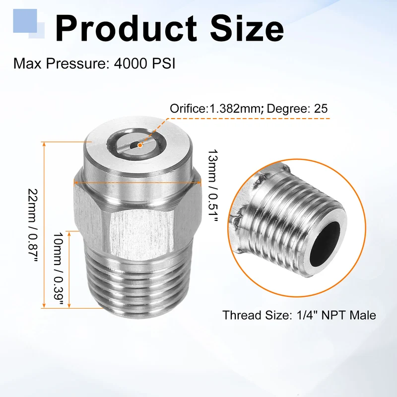 4pcs 25 Degree Surface Clean Tip 1/4 Inch NPT Male 1.382 Orifice Spray Nozzles