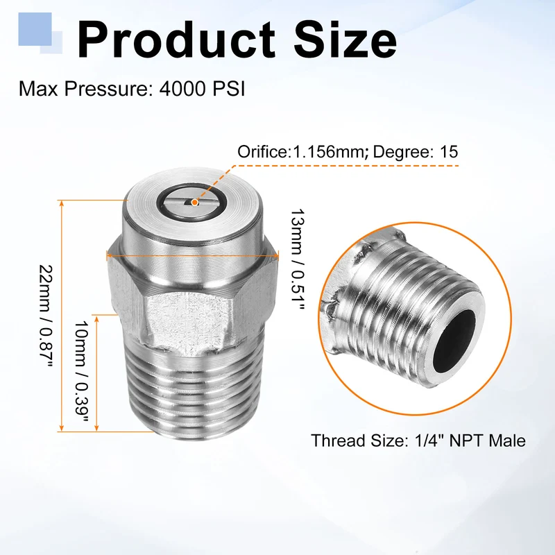 4pcs 15 Degree Surface Clean Tip 1/4 Inch NPT Male 1.156 Orifice Spray Nozzles