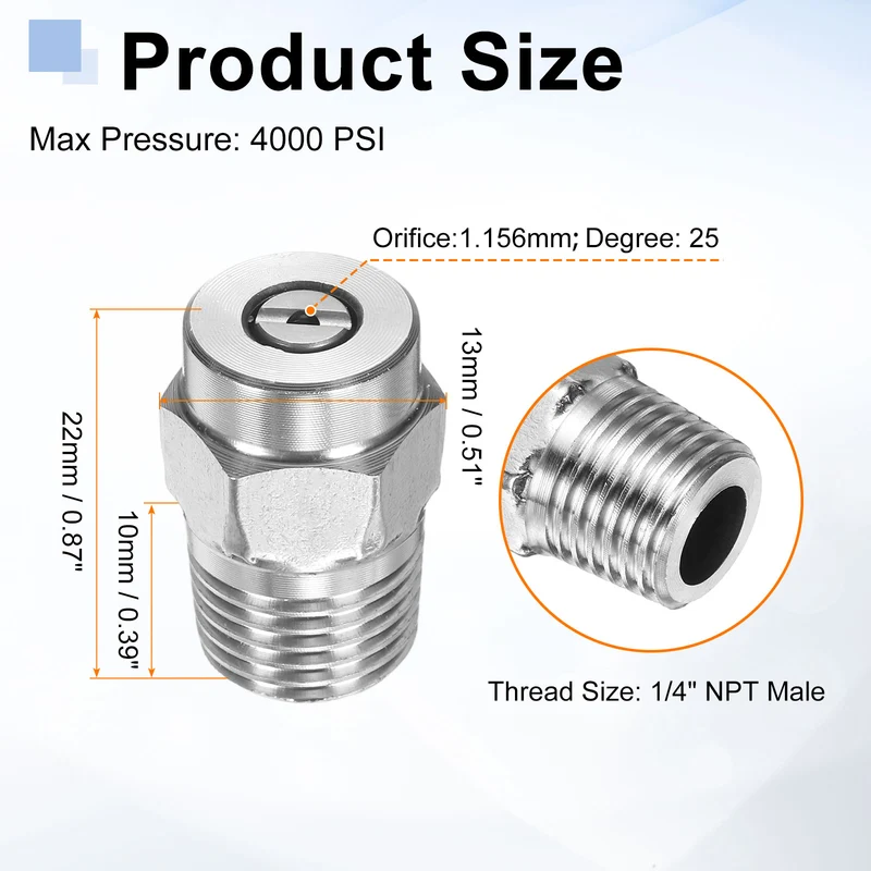 4pcs 25 Degree Surface Clean Tip 1/4 Inch NPT Male 1.156 Orifice Spray Nozzles