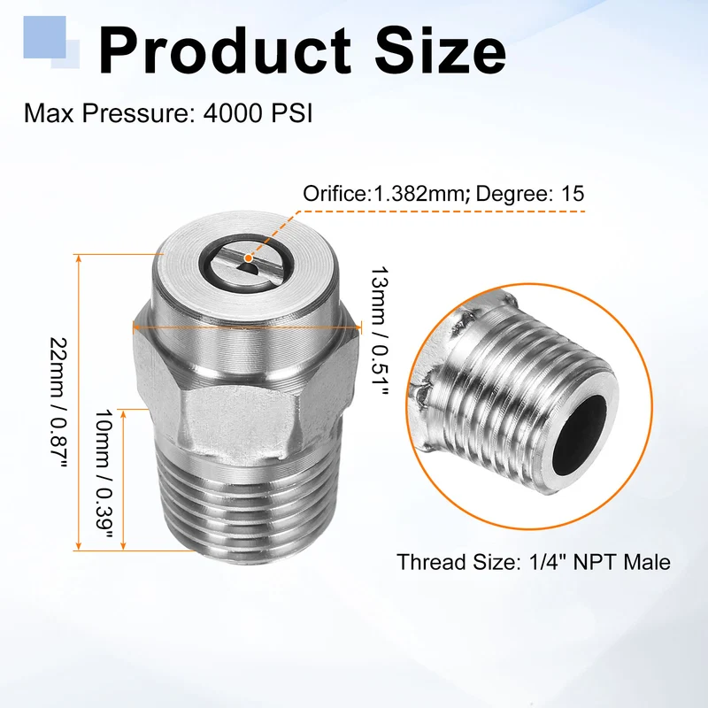 4pcs 15 Degree Surface Clean Tip 1/4 Inch NPT Male 1.382 Orifice Spray Nozzles