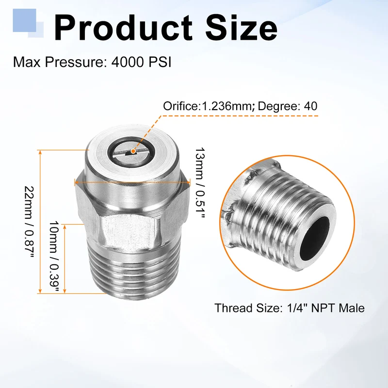 4pcs 40 Degree Surface Clean Tip 1/4 Inch NPT Male 1.236 Orifice Spray Nozzles