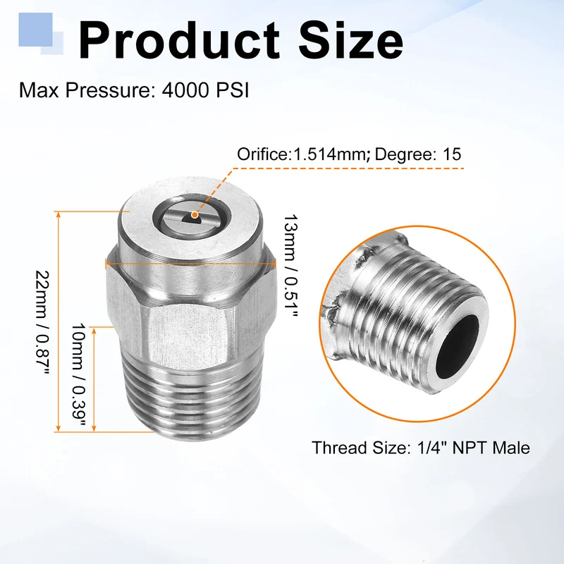 4pcs 15 Degree Surface Clean Tip 1/4 Inch NPT Male 1.514 Orifice Spray Nozzles