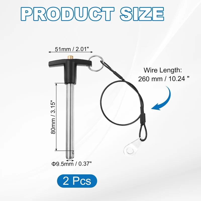 2Pcs T-Handle Quick Release Pin 3/8" x 3-1/8" (Dia x L) 304 Stainless Steel