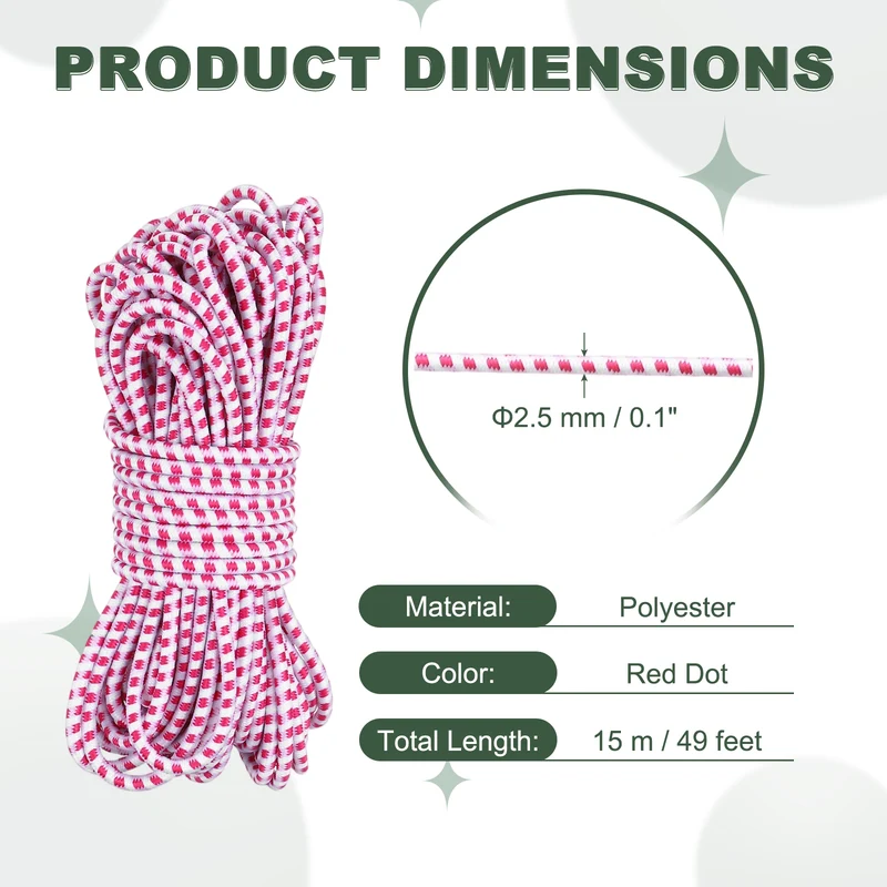 1/8 Inch Elastic Bungee Shock Cords 49 Feet Stretch String Rope, Red Dot
