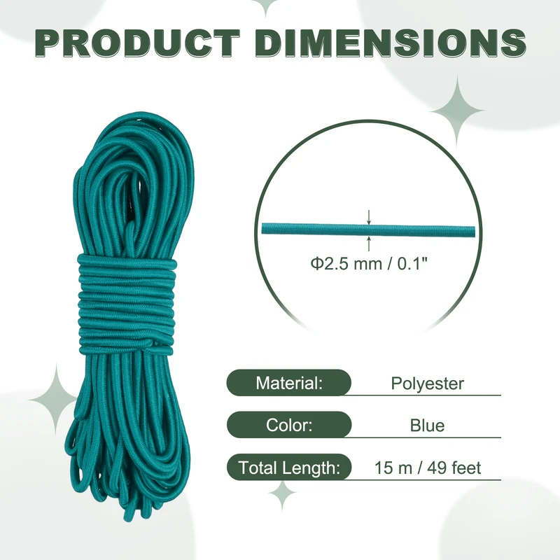 1/8 Inch Elastic Bungee Shock Cords 49 Feet Stretch String Rope, Blue