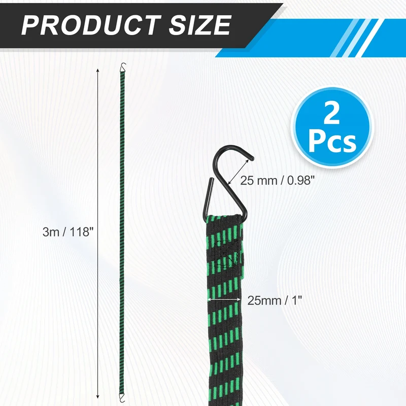 2Pcs Adjustable Bungee Cords with Hook 118" Elastic Bungee Straps, Green