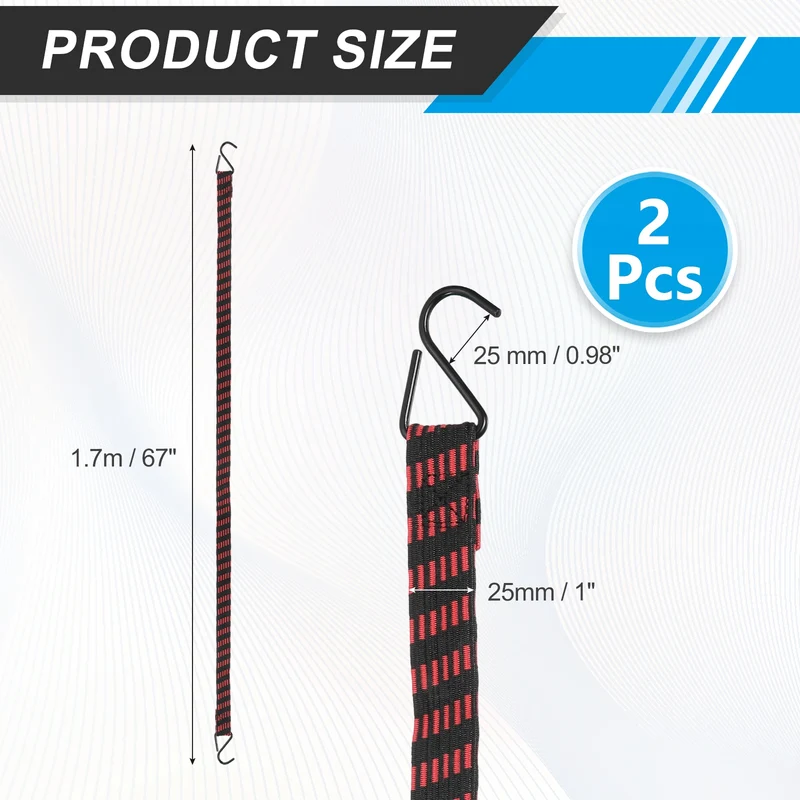 2Pcs Adjustable Bungee Cords with Hook 67" Elastic Bungee Straps, Red