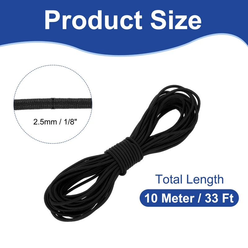 1/8" x 33' Elastic Bungee Cord, Bungee Shock Cord, Black