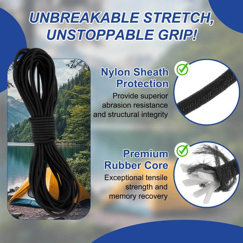 1/8" x 33' Elastic Bungee Cord, Bungee Shock Cord, Black