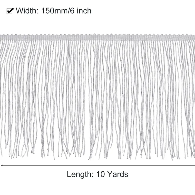10 Yards 6 Inch Chainette Fringe Trim Tassel Sewing Trim for Clothes, Silver