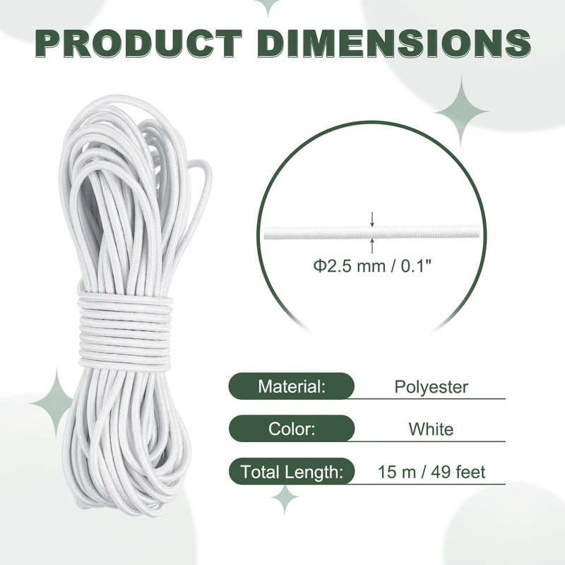 1/8 Inch Elastic Bungee Shock Cords 49 Feet Stretch String Rope, White