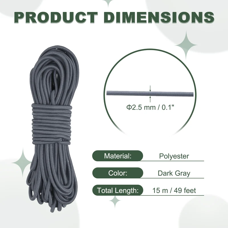 1/8 Inch Elastic Bungee Shock Cords 49 Feet Stretch String Rope, Dark Gray