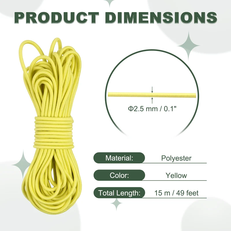 1/8 Inch Elastic Bungee Shock Cords 49 Feet Stretch String Rope, Yellow