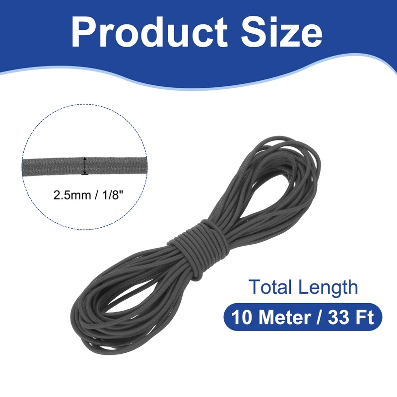 1/8" x 33' Elastic Bungee Cord, Bungee Shock Cord, Dark Gray