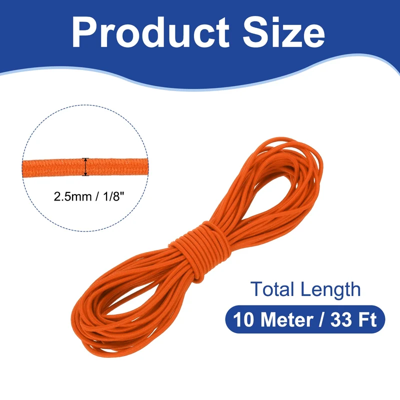 1/8" x 33' Elastic Bungee Cord, Bungee Shock Cord, Orange