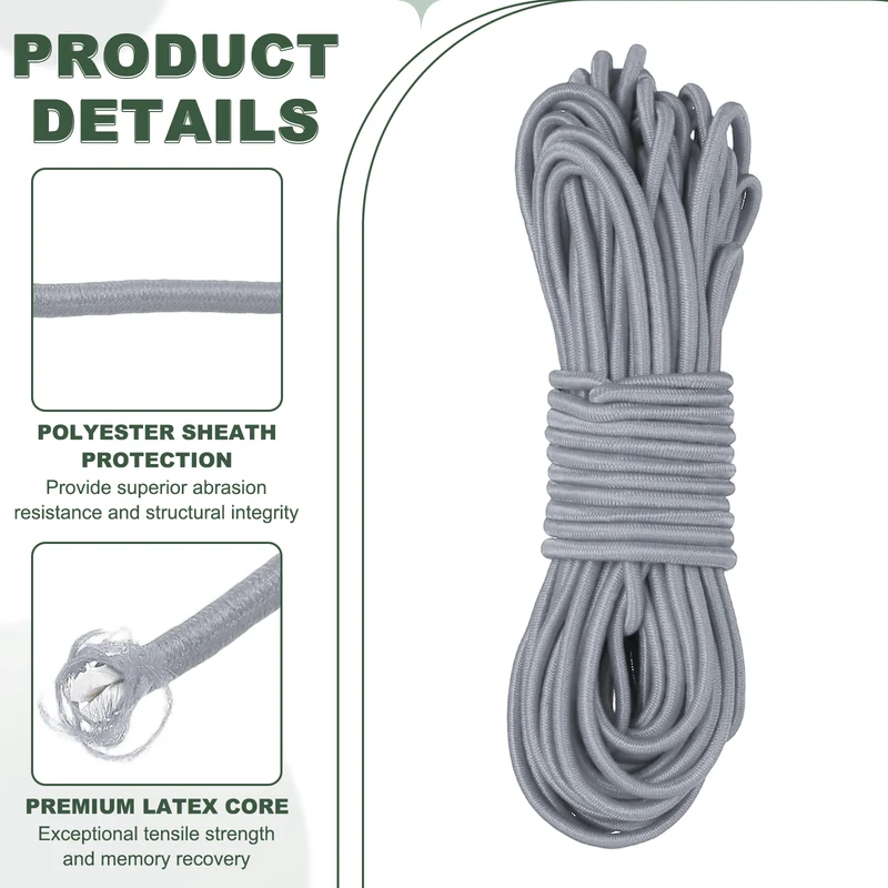 1/8 Inch Elastic Bungee Shock Cords 49 Feet Stretch String Rope, Light Gray