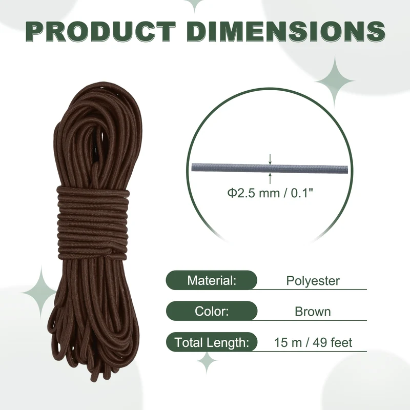 1/8 Inch Elastic Bungee Shock Cords 49 Feet Stretch String Rope, Brown