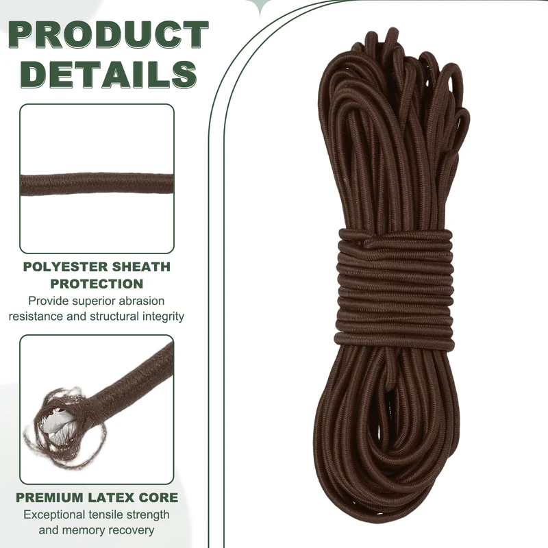 1/8 Inch Elastic Bungee Shock Cords 49 Feet Stretch String Rope, Brown