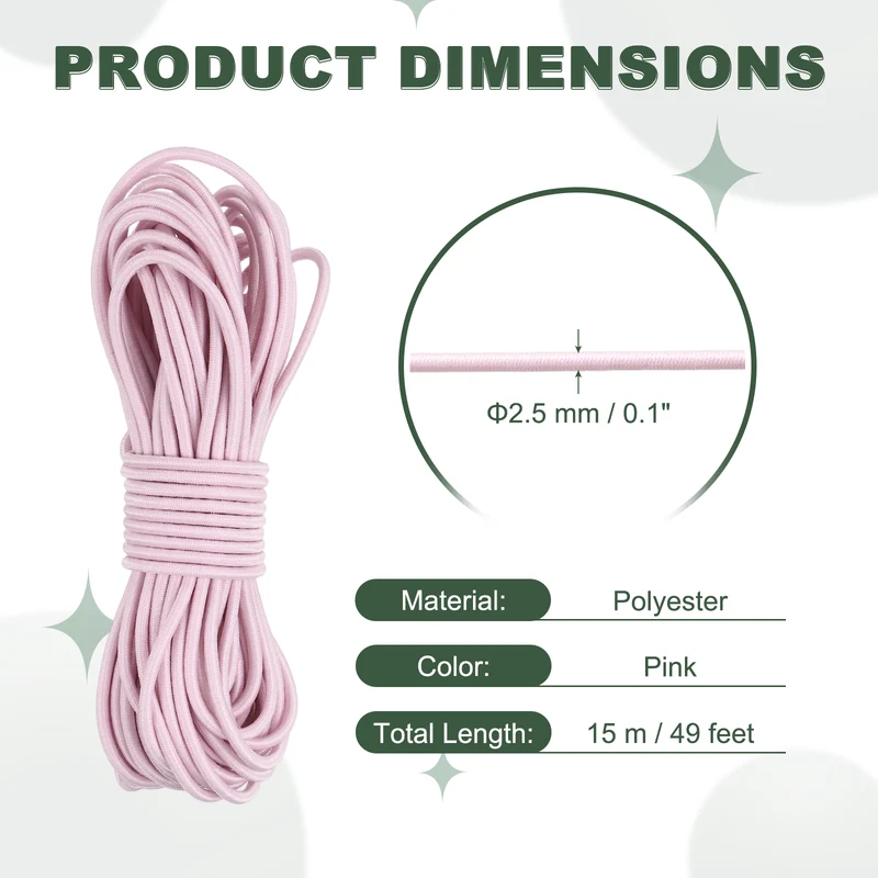 1/8 Inch Elastic Bungee Shock Cords 49 Feet Stretch String Rope, Pink