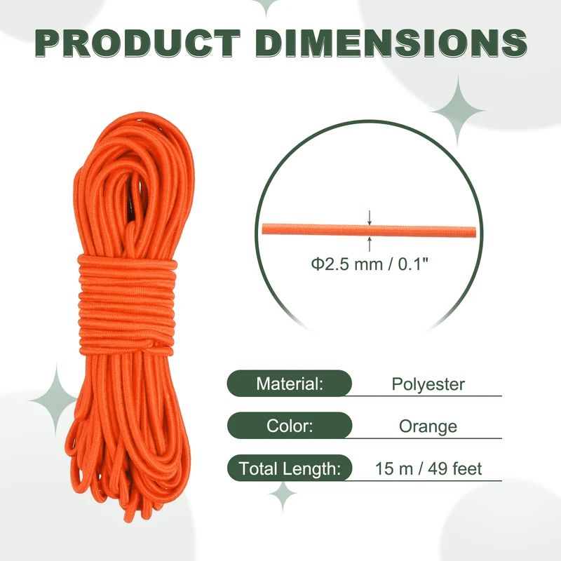 1/8 Inch Elastic Bungee Shock Cords 49 Feet Stretch String Rope, Orange