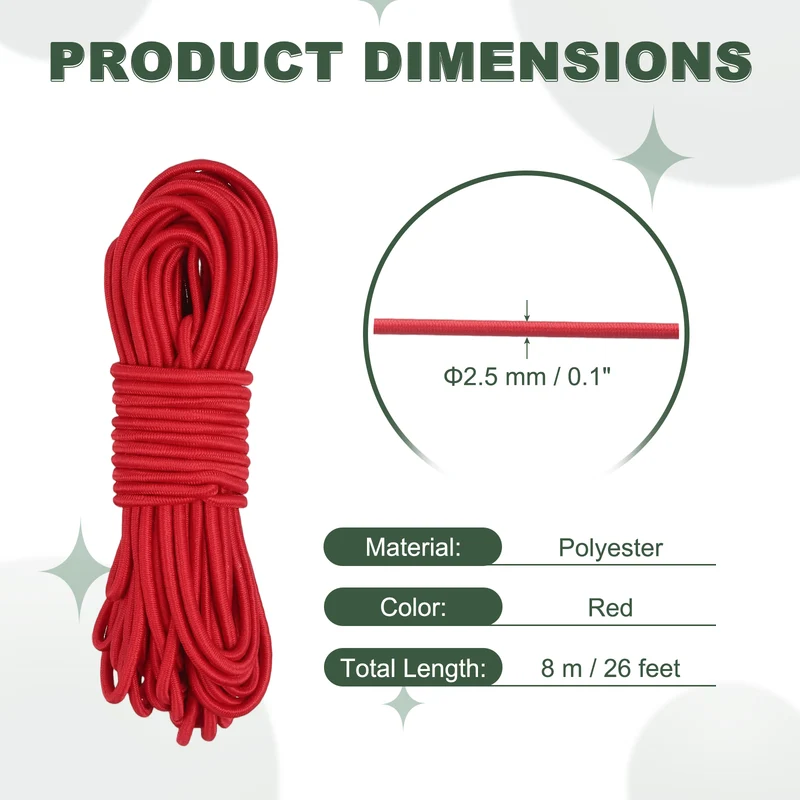 1/8 Inch Elastic Bungee Shock Cords 26 Feet Stretch String Rope, Red