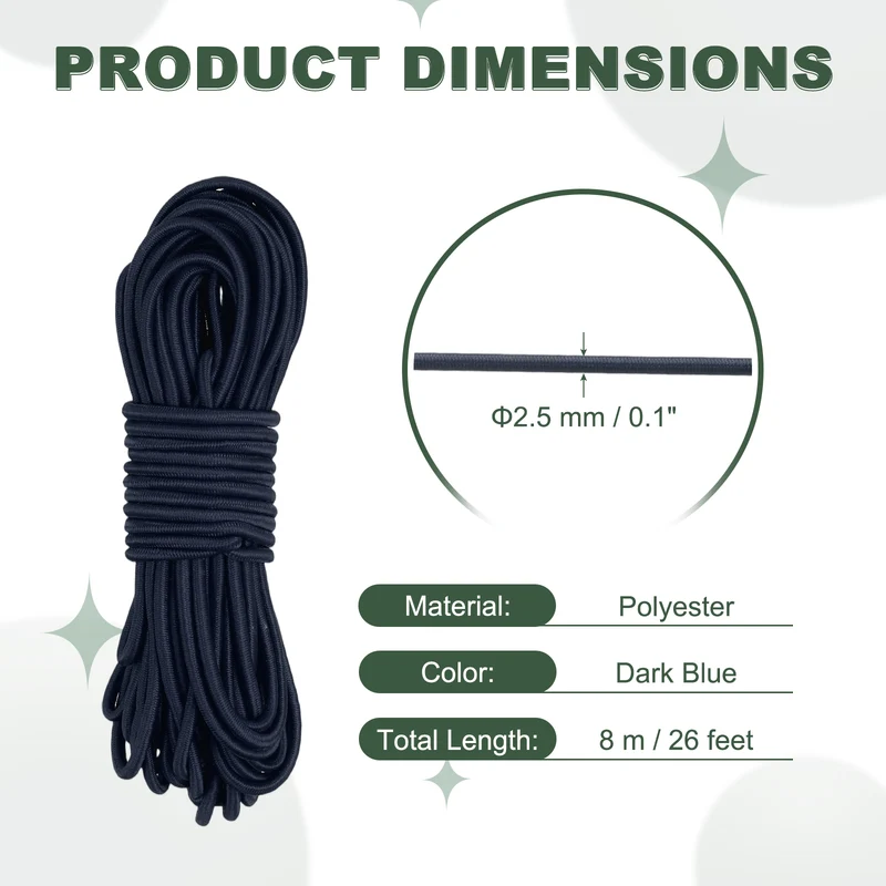 1/8 Inch Elastic Bungee Shock Cords 26 Feet Stretch String Rope, Dark Blue