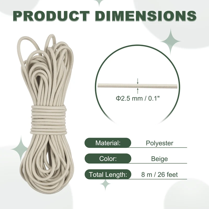 1/8 Inch Elastic Bungee Shock Cords 26 Feet Stretch String Rope, Beige