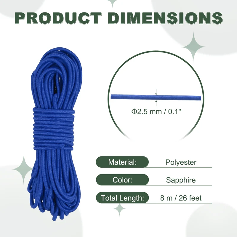 1/8 Inch Elastic Bungee Shock Cords 26 Feet Stretch String Rope, Sapphire