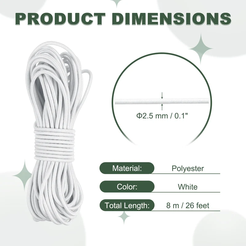 1/8 Inch Elastic Bungee Shock Cords 26 Feet Stretch String Rope, White