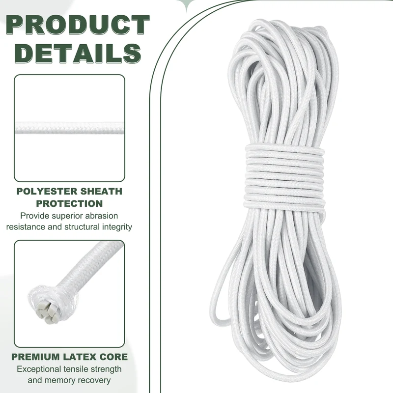 1/8 Inch Elastic Bungee Shock Cords 26 Feet Stretch String Rope, White