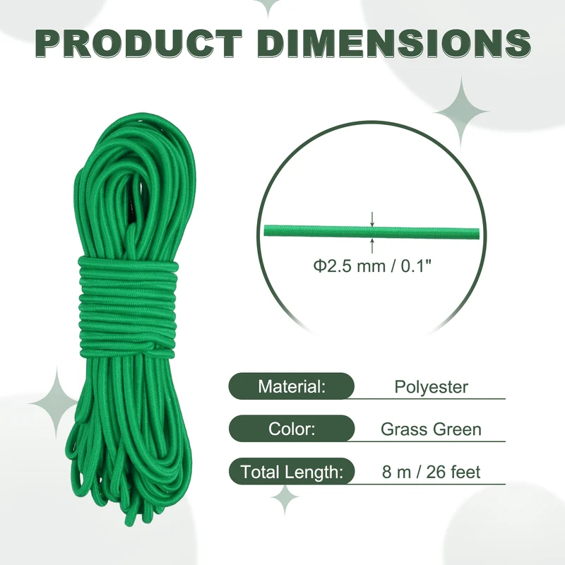 1/8 Inch Elastic Bungee Shock Cords 26 Feet Stretch String Rope, Grass Green